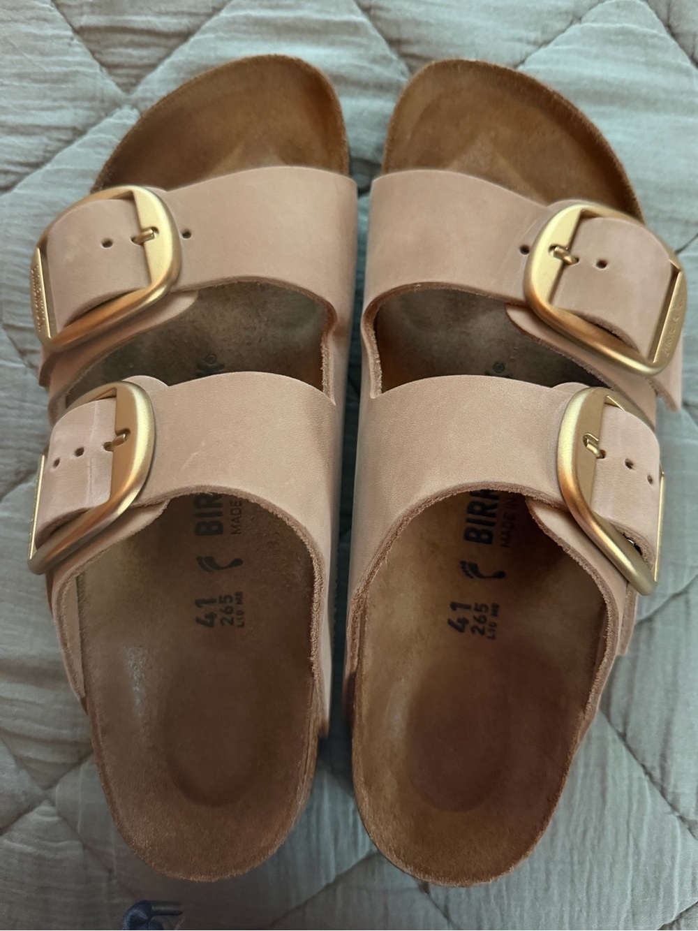 BIRKENSTOCK Arizona NUBUCK Big Buckle Leather Sandals in the color Sandcastle.